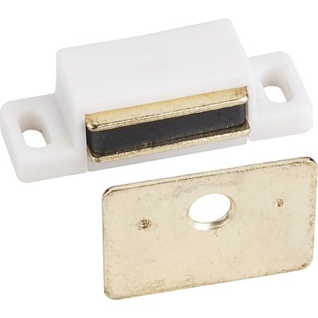 15 Lb. White Single Magnetic Catch With Polished Brass Strike And Screws